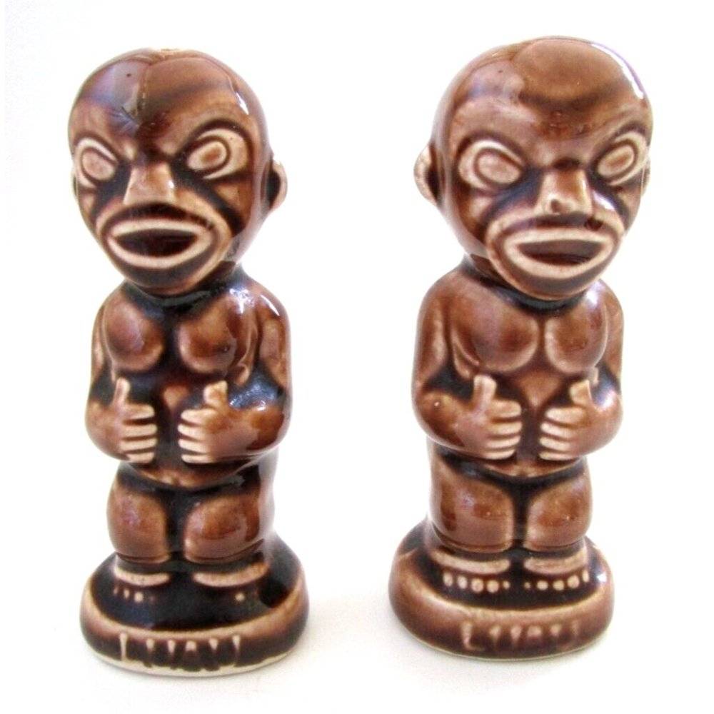 Kon Tiki Luau Hawaii S.Crane Design Salt & Pepper Shakers Japan VTG -No Stoppers